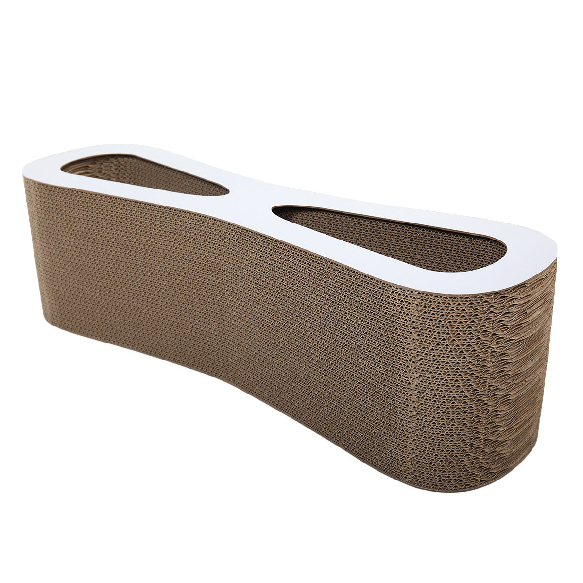 Cardboard cat scratcher with white top on a white background