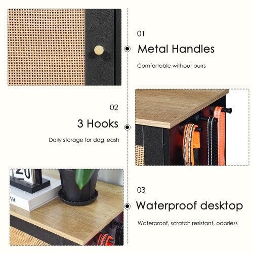 Product features with metal handles, three hooks, and waterproof desktop on a white background.