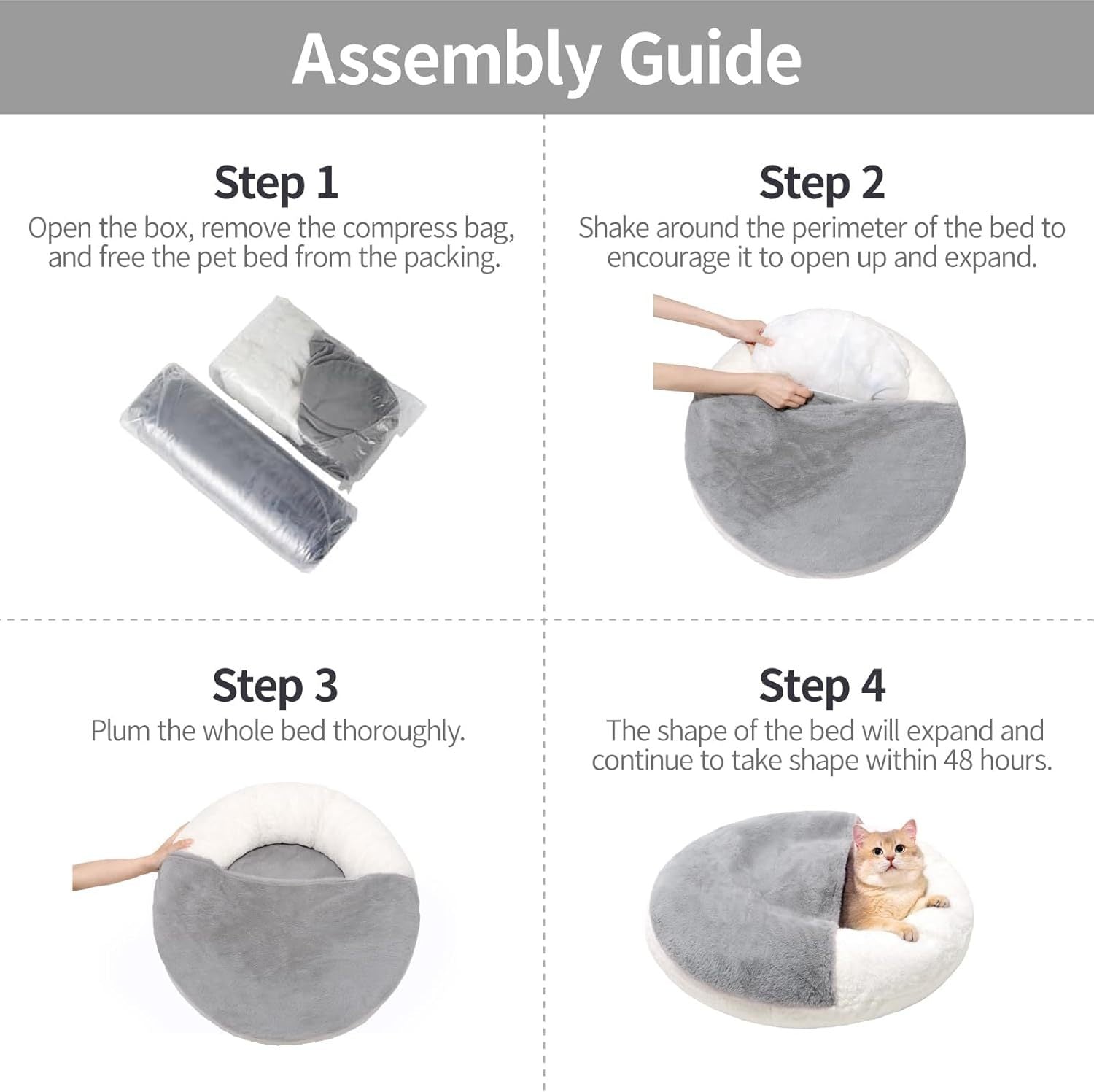 Assembly guide for a pet bed with step-by-step instructions and images of the process.