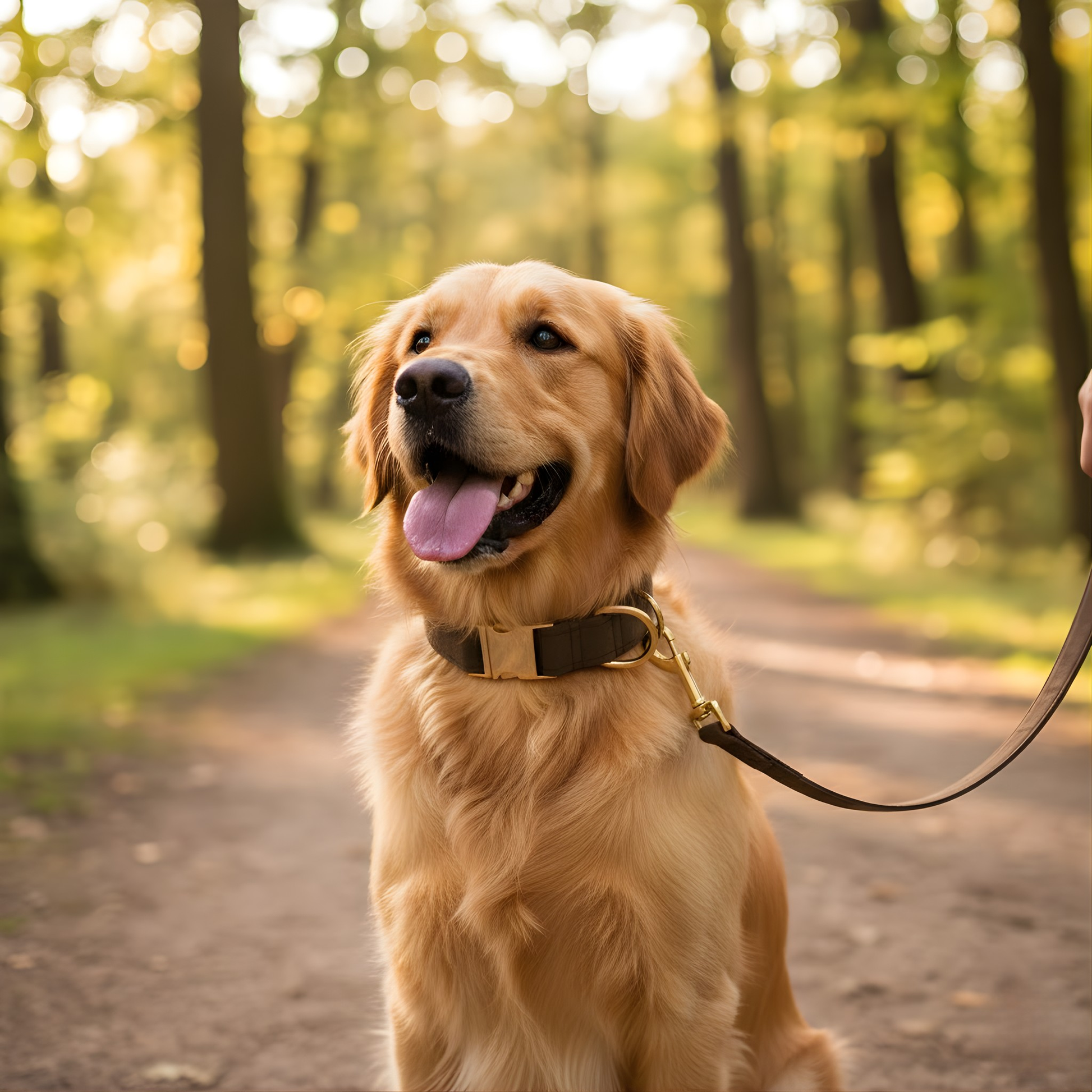 Golden retriever on a leash in a forest