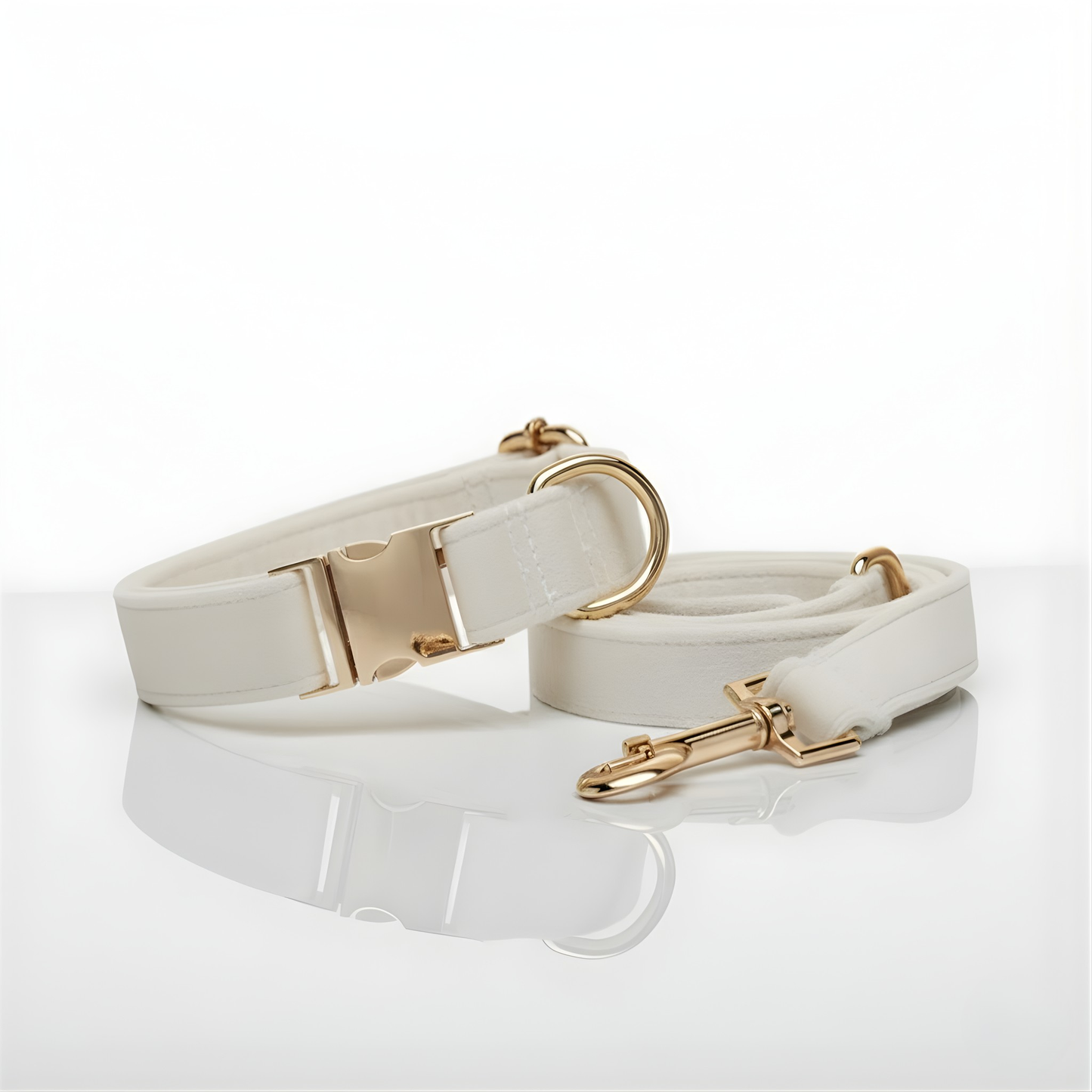 White dog collar and leash set with gold hardware on a white background