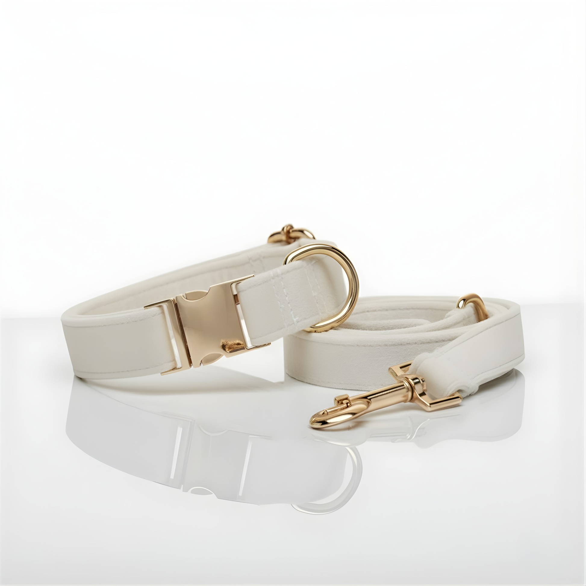 White dog collar and leash set with gold hardware on a white background