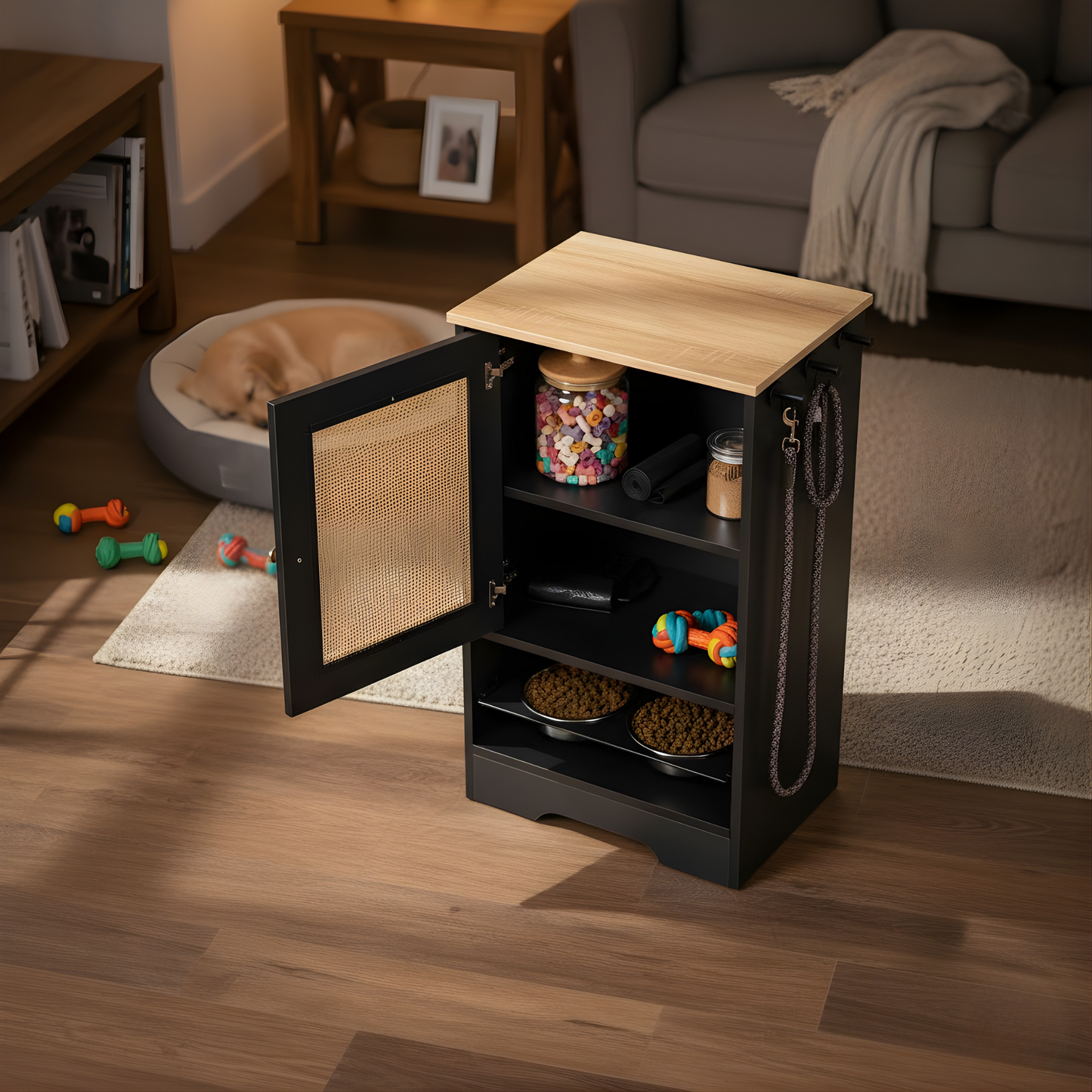Pet toy storage cabinet with open door revealing pet toys and treats in a living room setting.