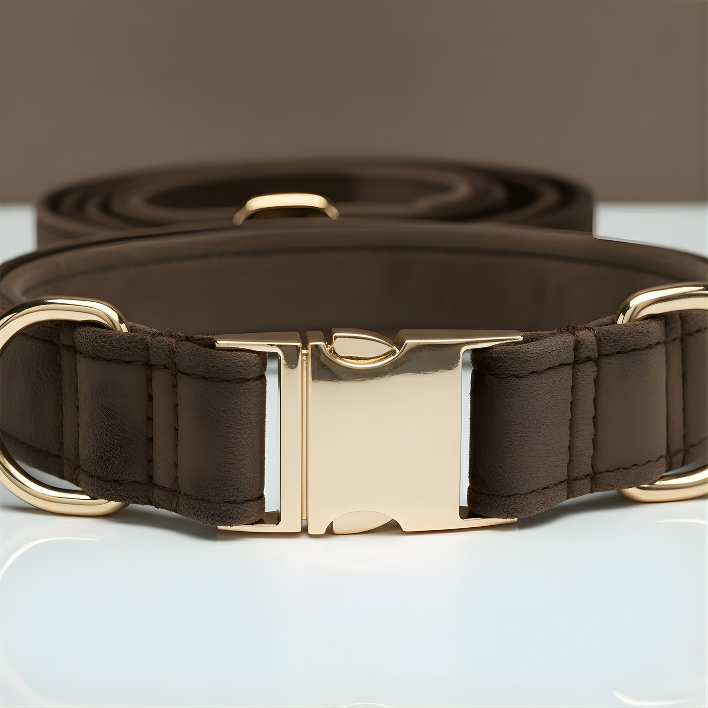 Brown dog collar with gold buckle on a light gray background
