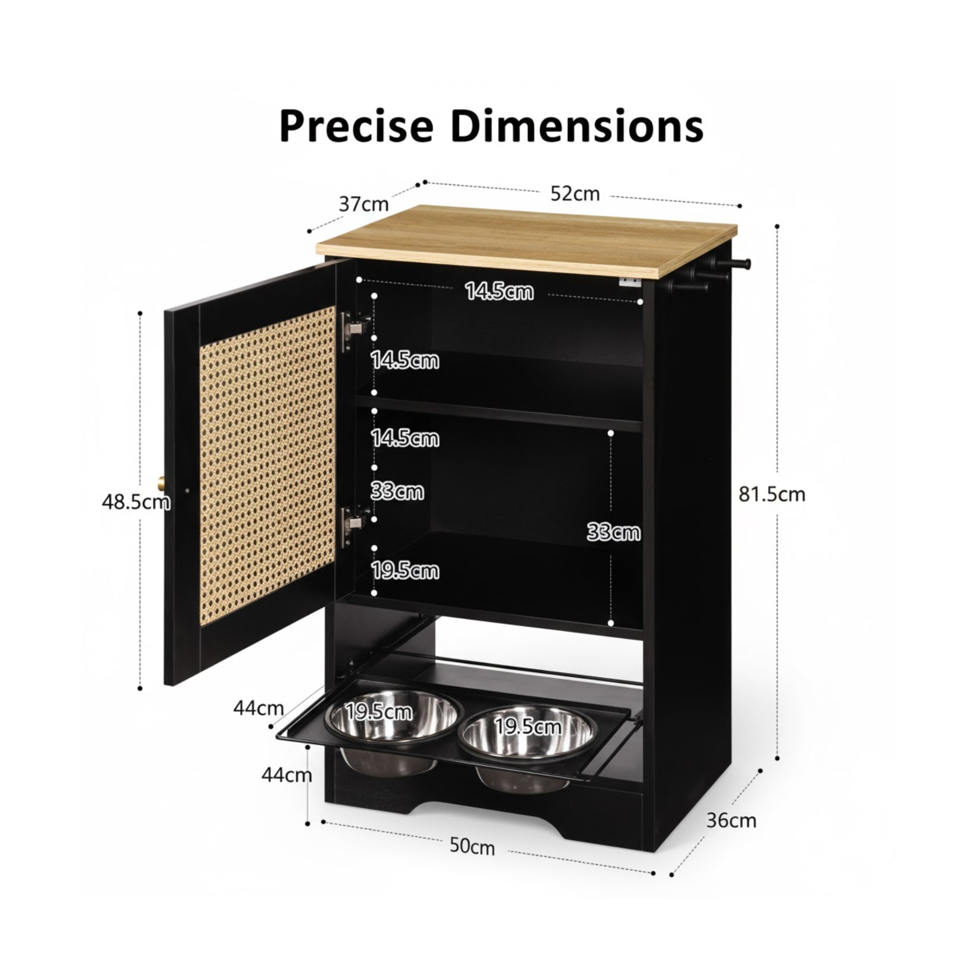 Black pet feeding station with dimensions labeled on a white background