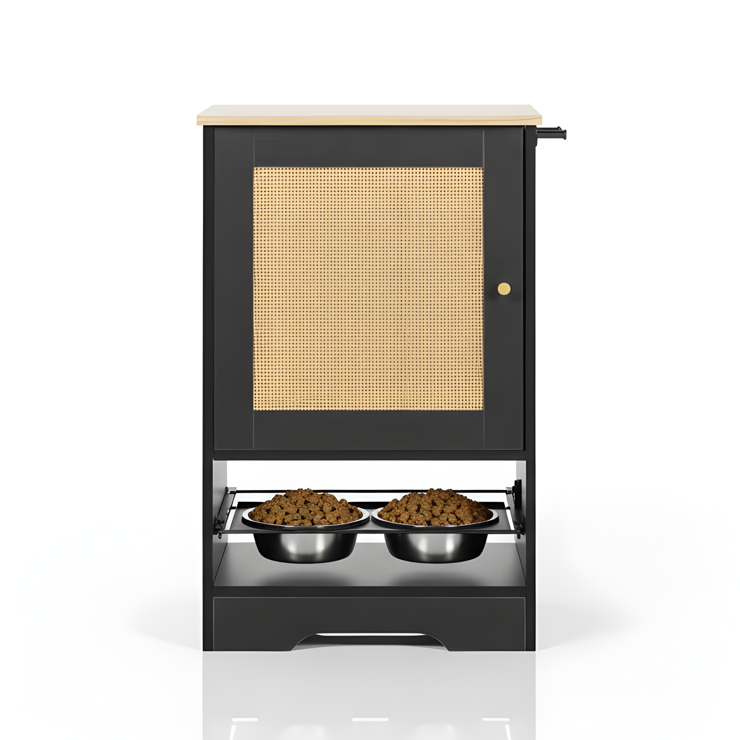 Pet feeding station with two bowls of food on a white background