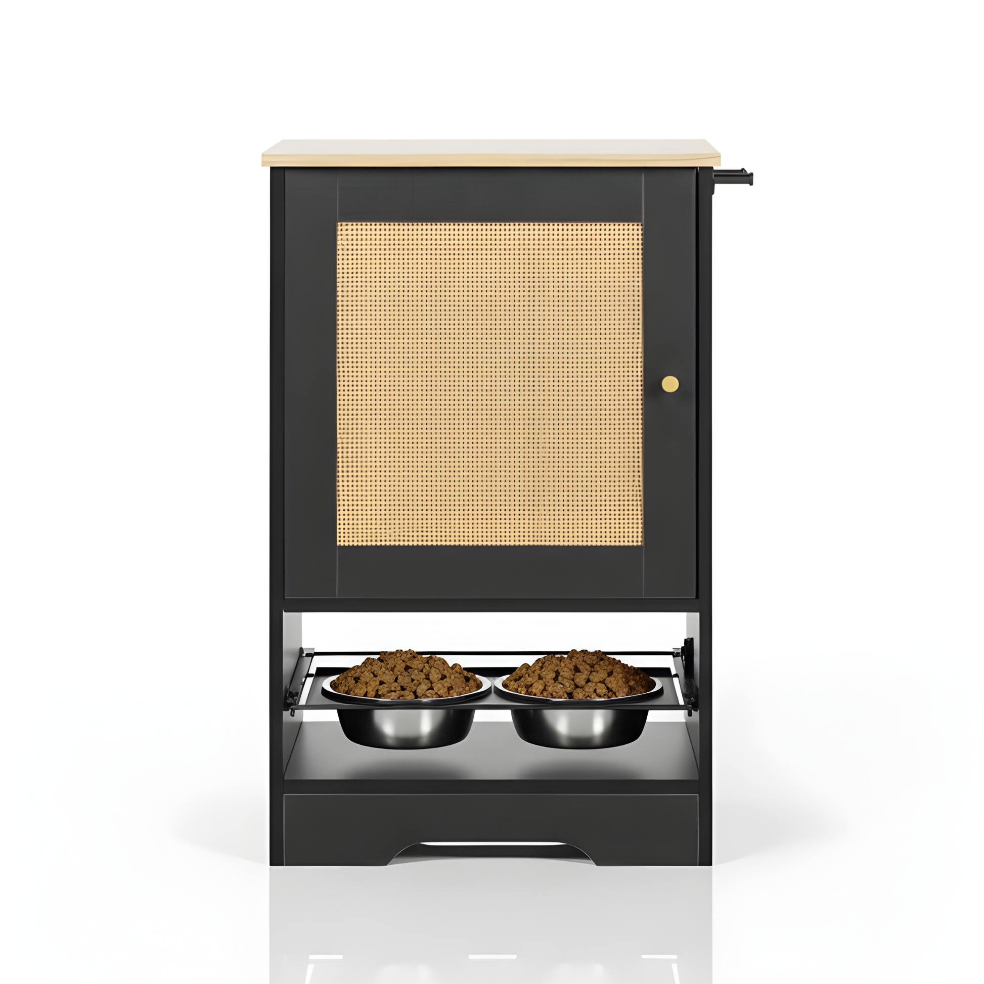 Pet feeding station with two bowls of food on a white background