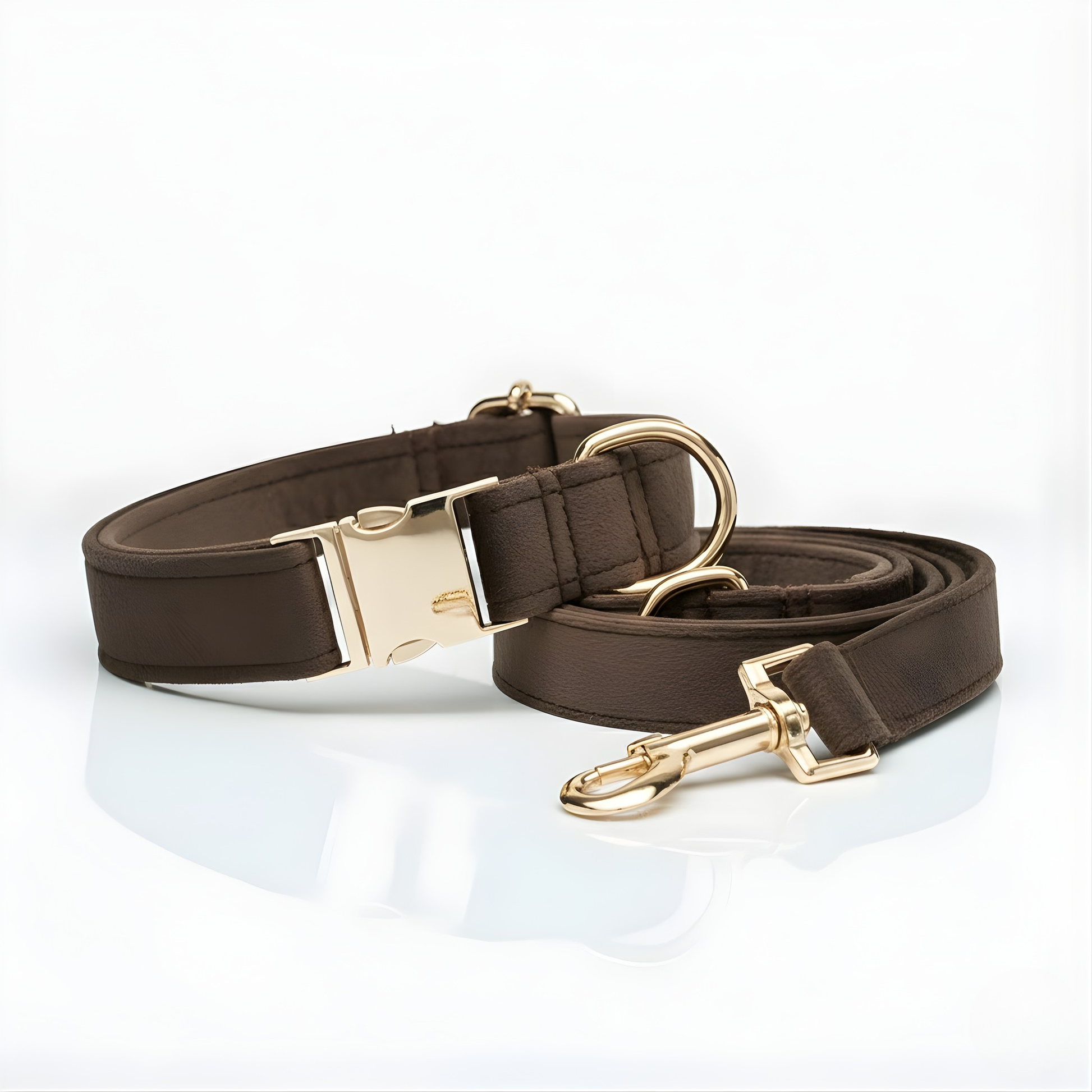 Brown dog collar and leash set with gold hardware on a white background