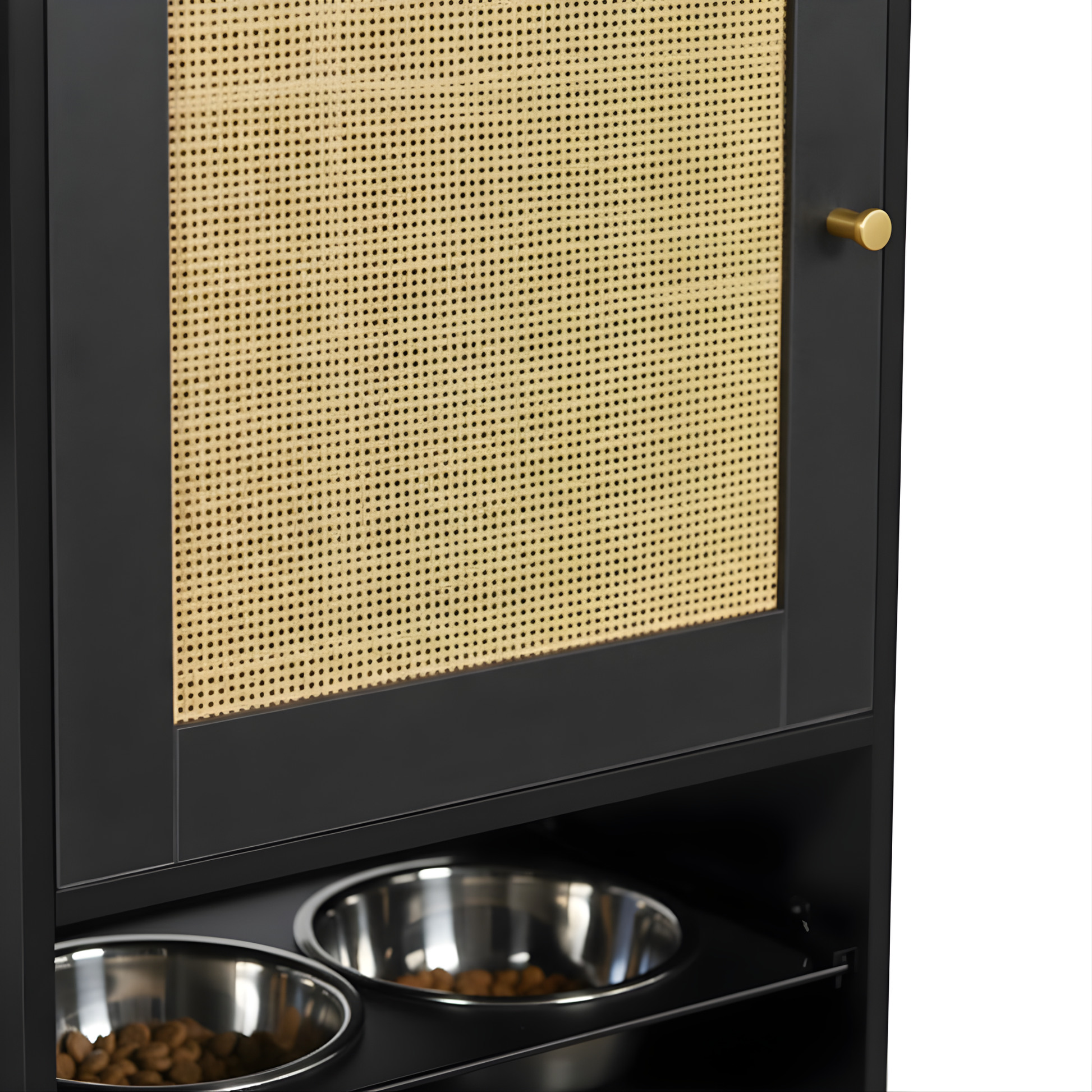 Black pet cabinet with woven texture door and two metal bowls inside.
