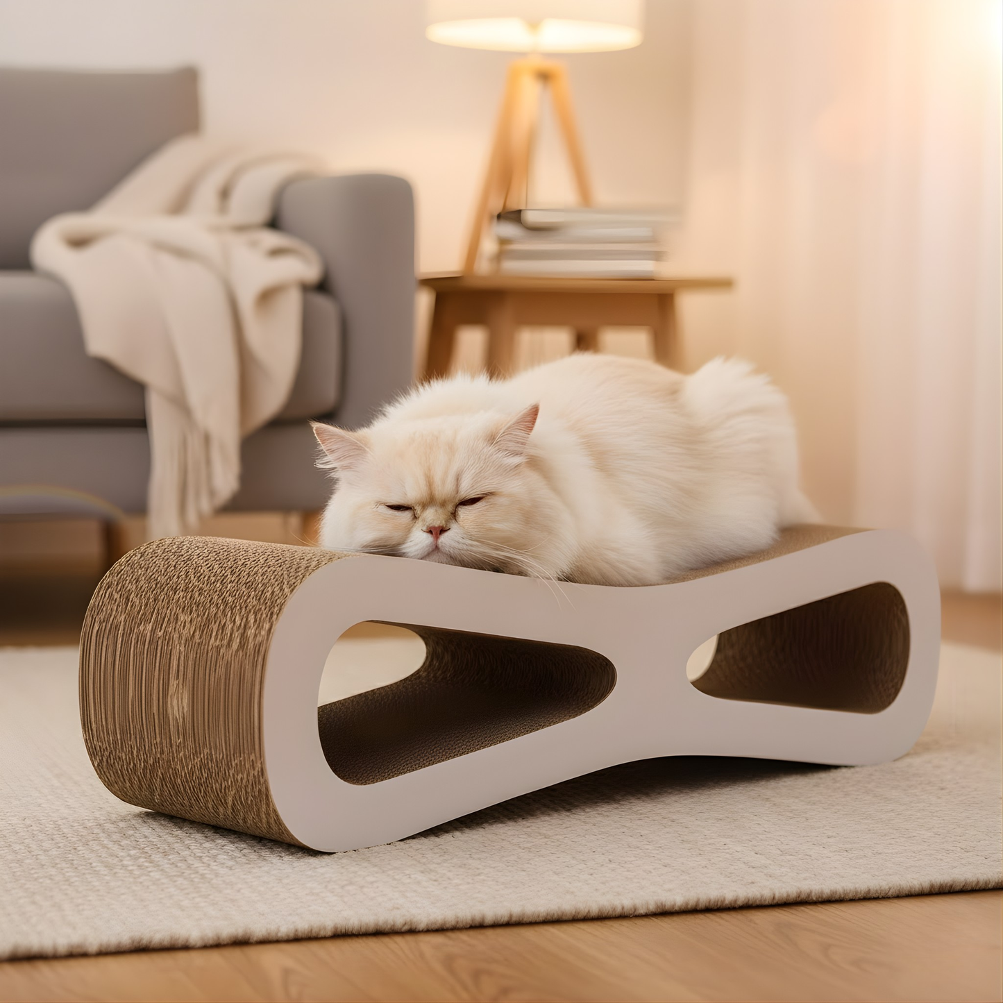 Cat resting on a modern cat scratcher in a cozy living room.