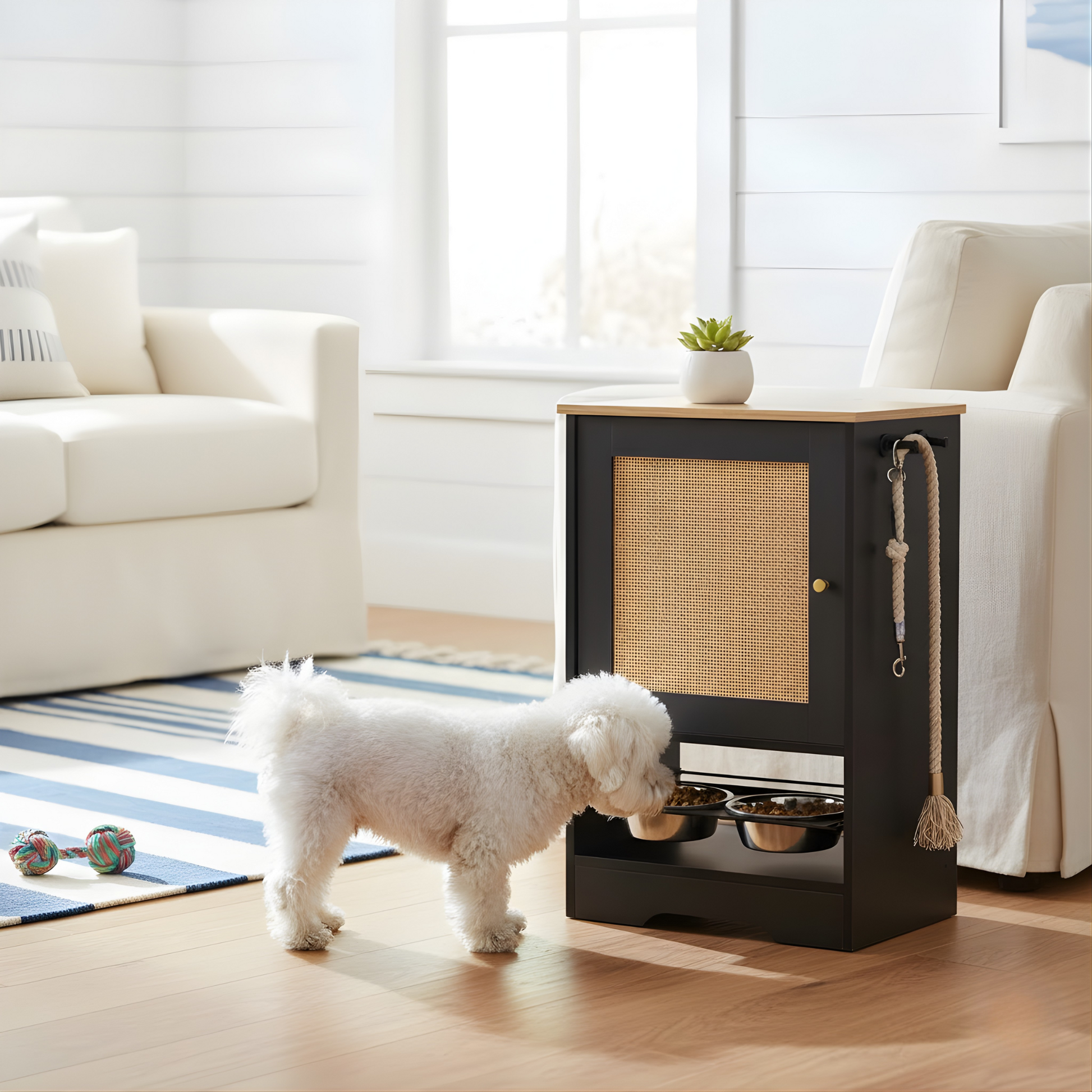 Dog standing next to a pet feeding station in a living room.