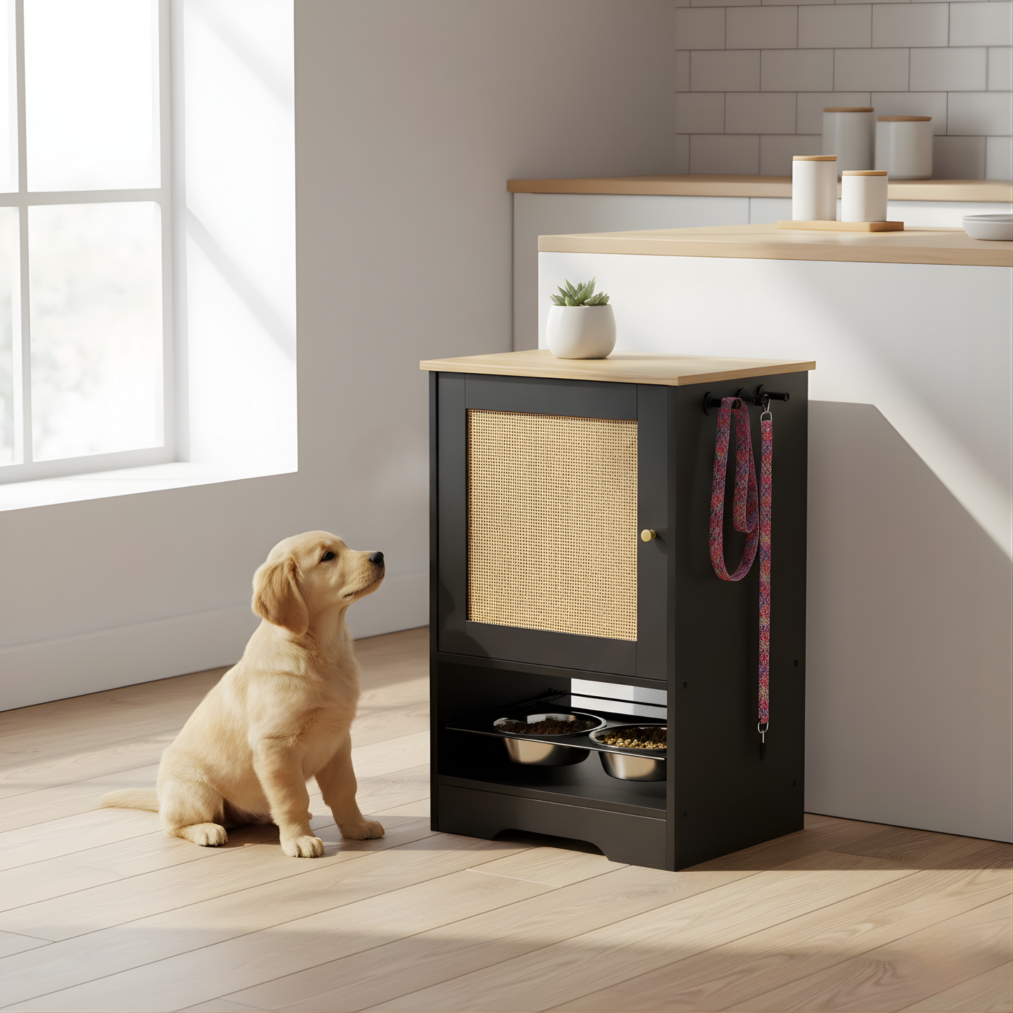 Dog standing next to a black pet feeding station with wooden top in a room with a window and countertop.