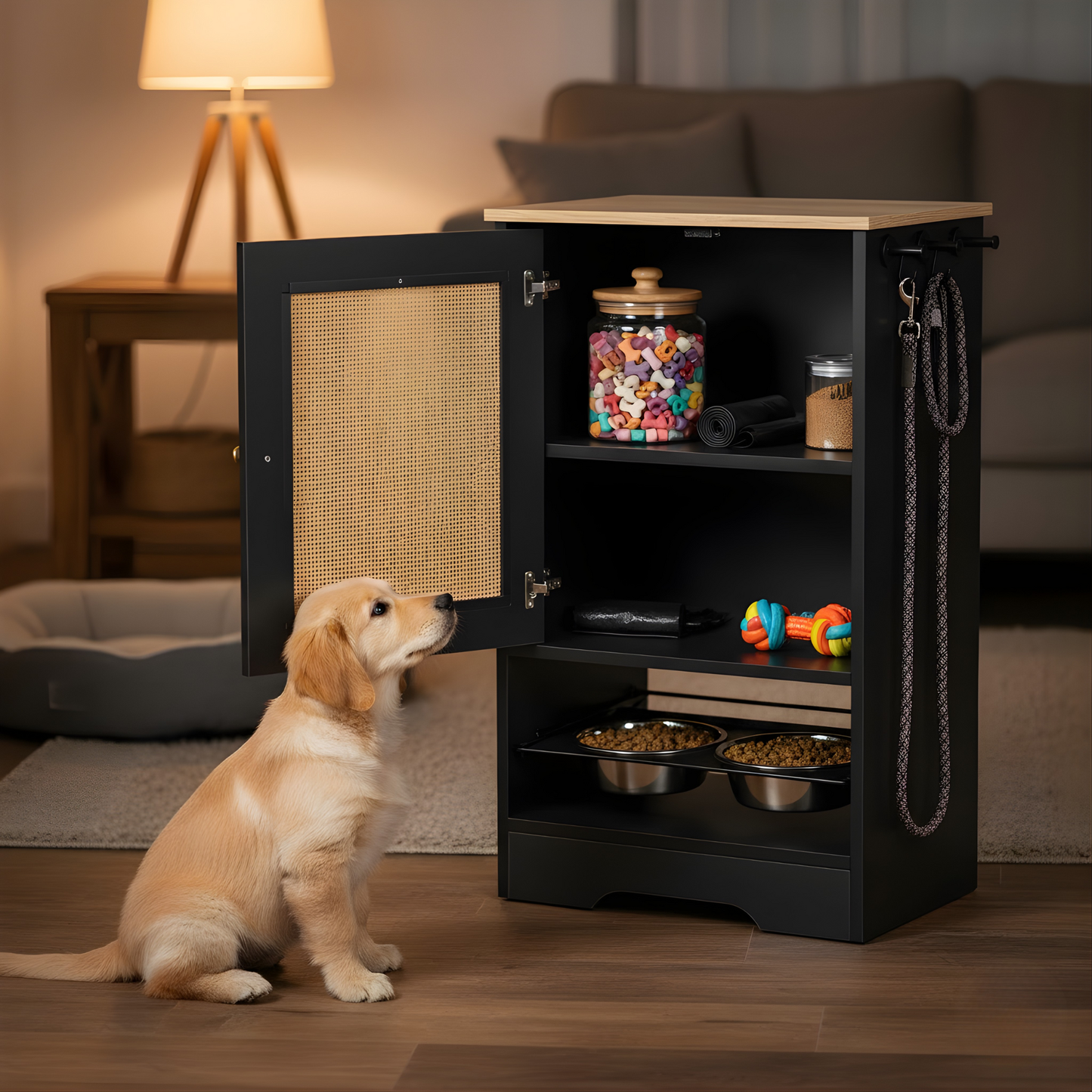 Dog looking into a black pet cabinet with shelves and a door open, containing toys and a bowl.