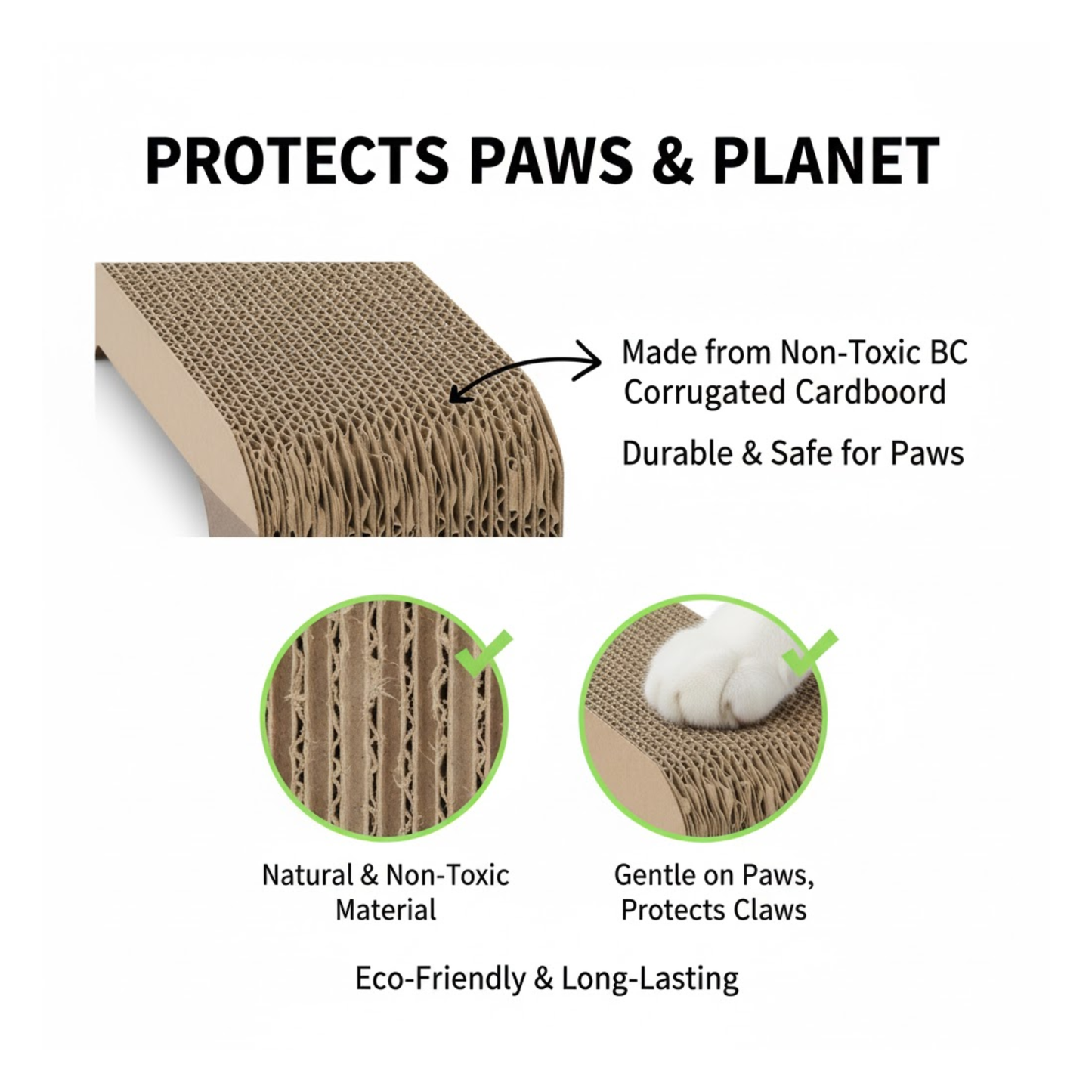 Cardboard cat scratcher with text highlighting its eco-friendly and safe features.