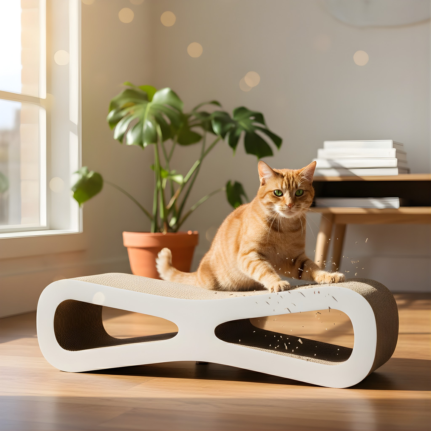Cat playing with a modern cat scratcher in a bright room with a plant and books in the background.
