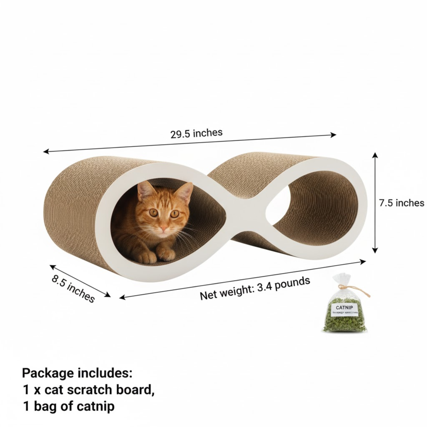 Cat scratch board with dimensions and cat inside, including catnip bag on a white background