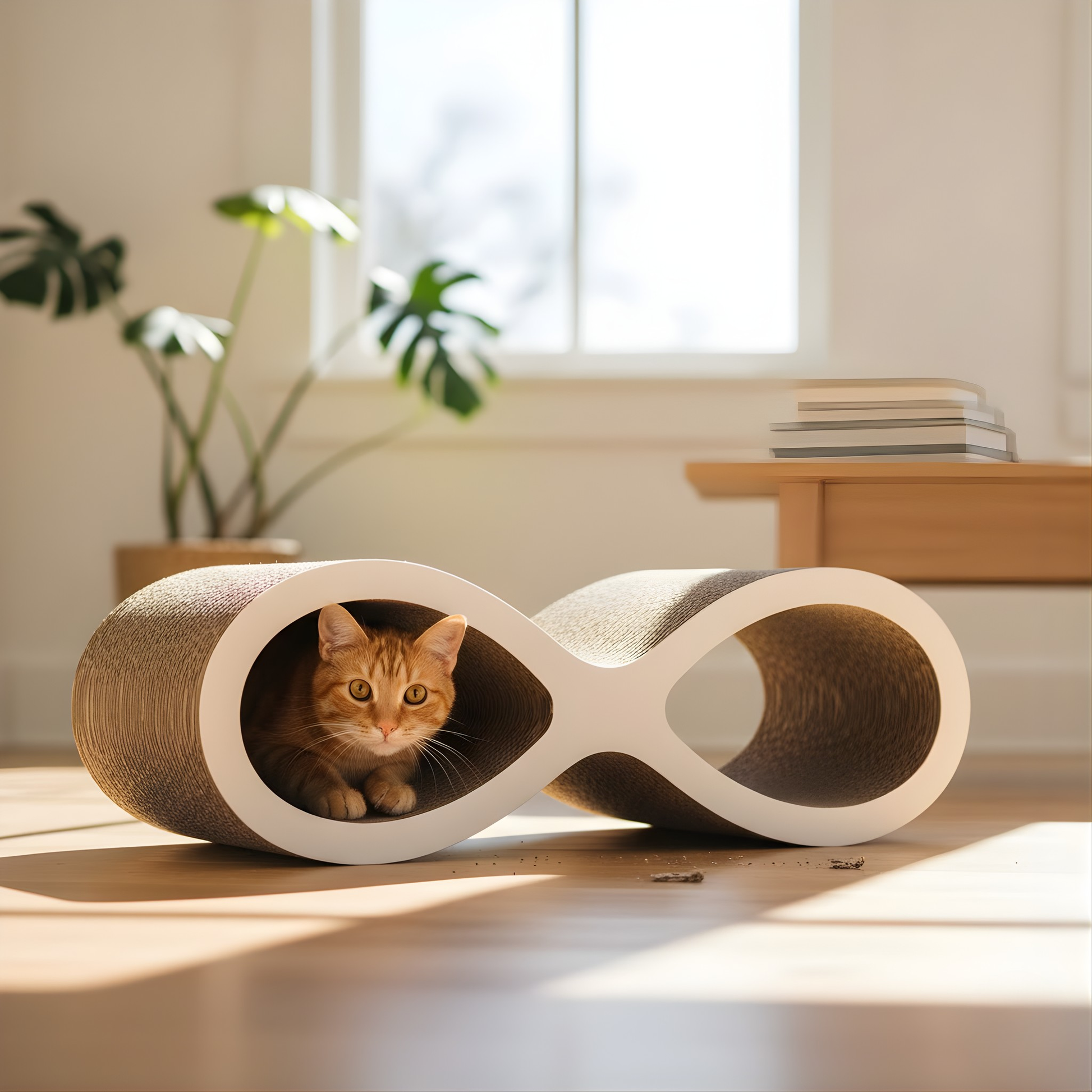 Cat lying on a modern cat bed in a bright room with plants and books.