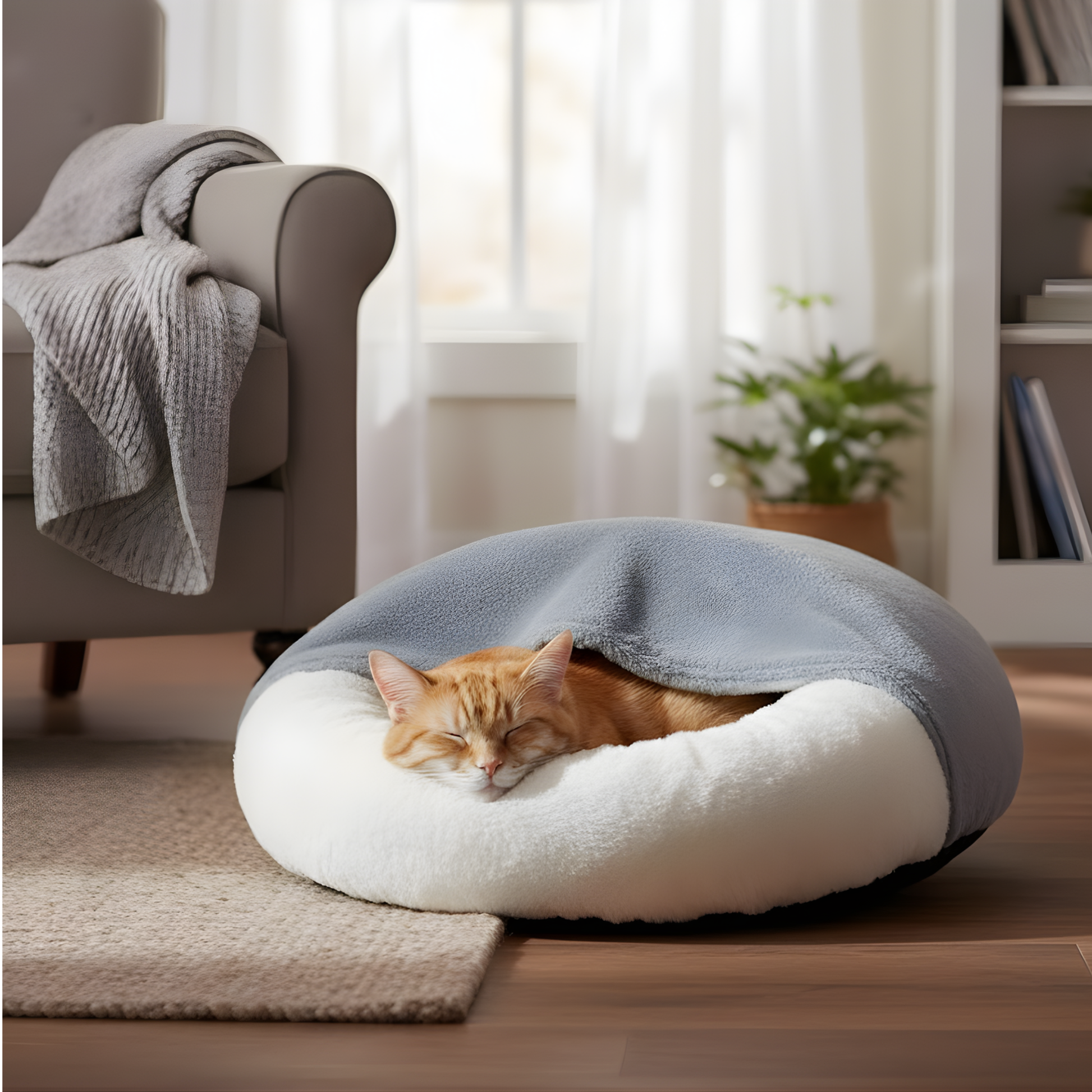 Cat sleeping in a cozy gray and white pet bed in a home setting.