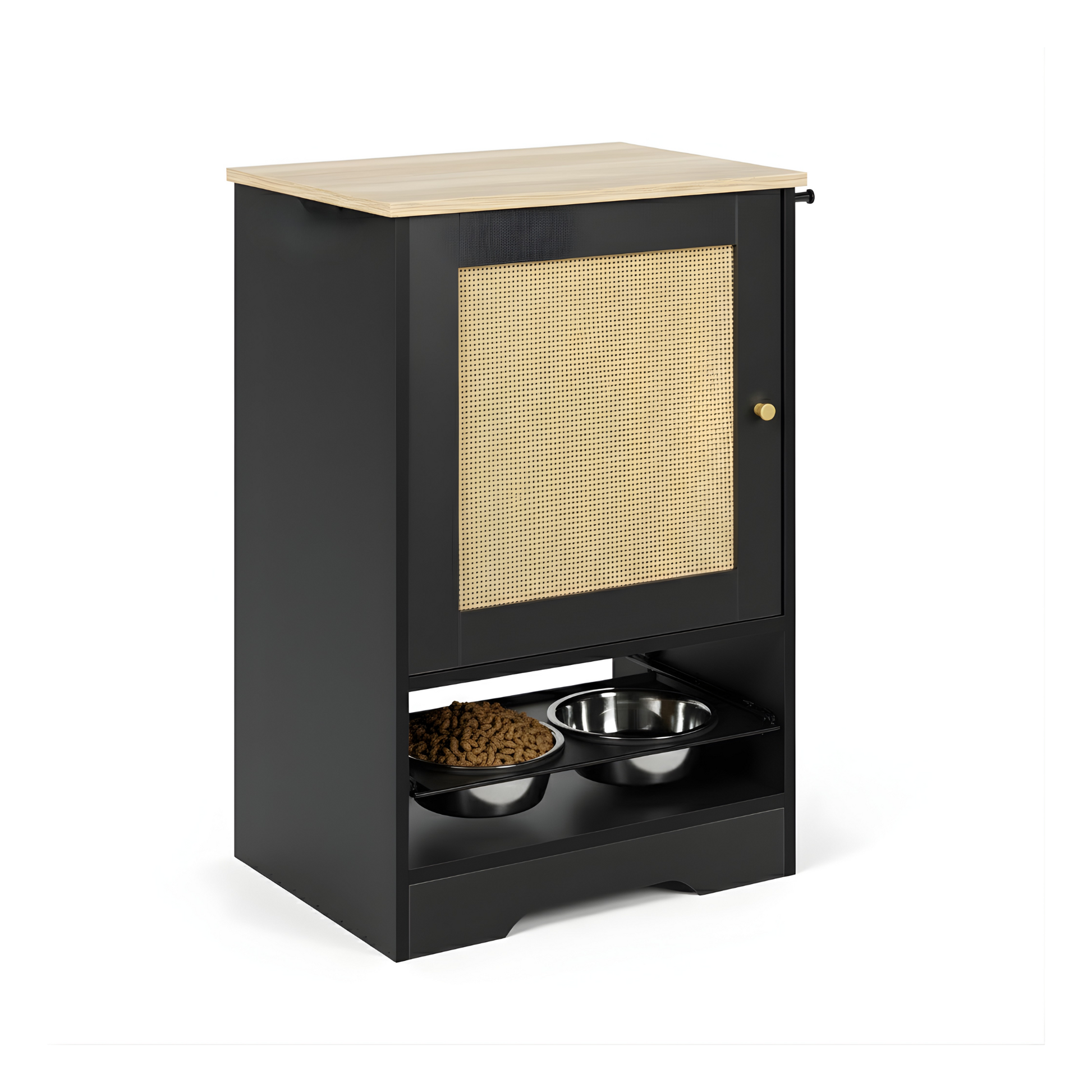 Black pet feeder with wooden top and food bowls on a white background