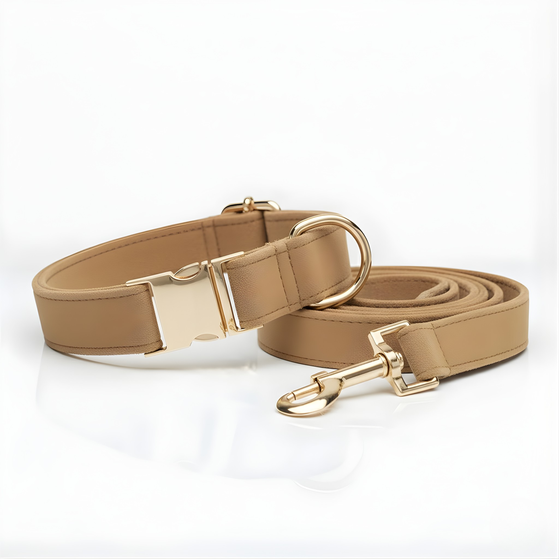 Tan dog collar and leash set with gold hardware on a white background