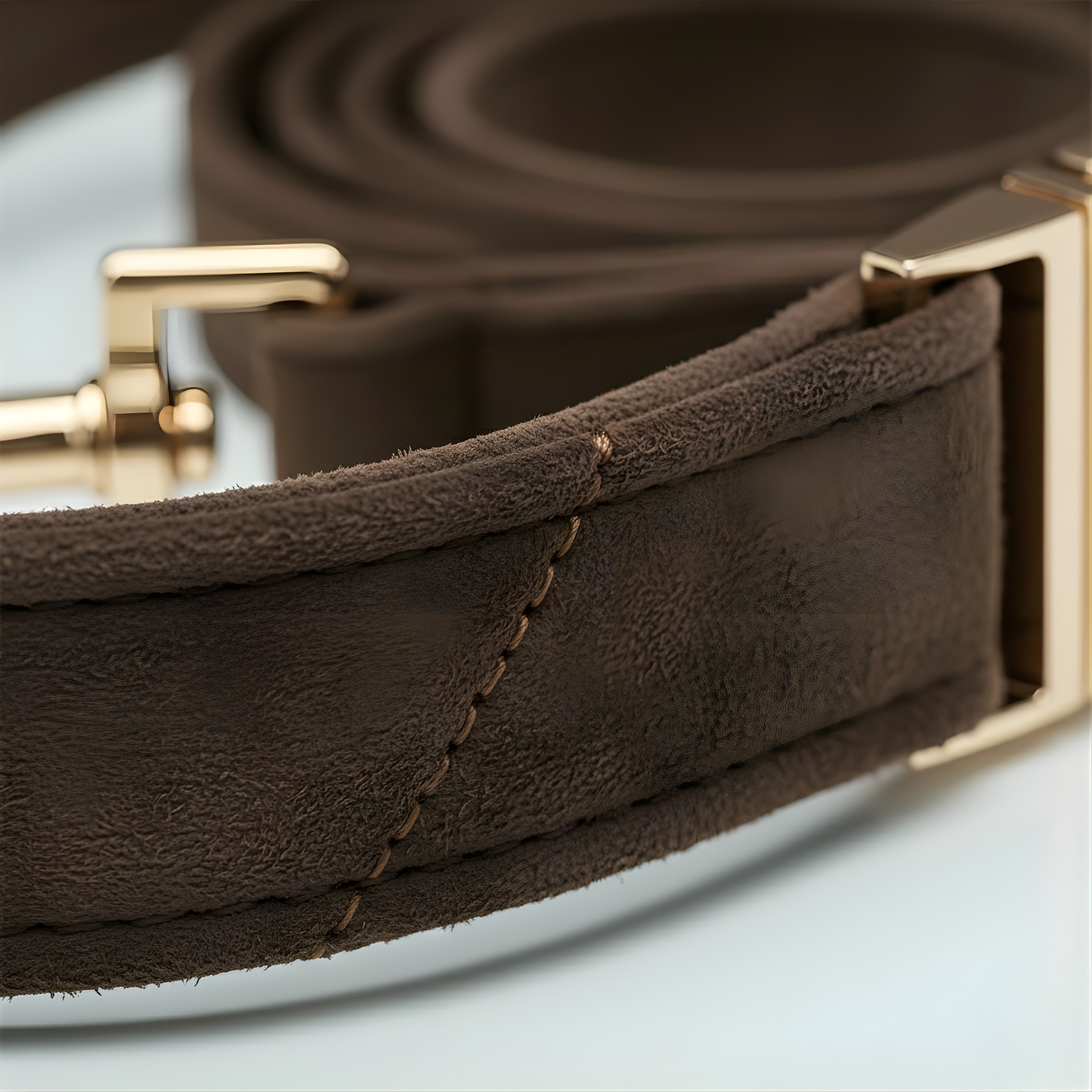 Close-up of a brown leather belt with a gold buckle on a light gray background
