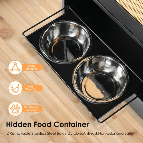 Hidden food container with two stainless steel bowls on a wooden floor