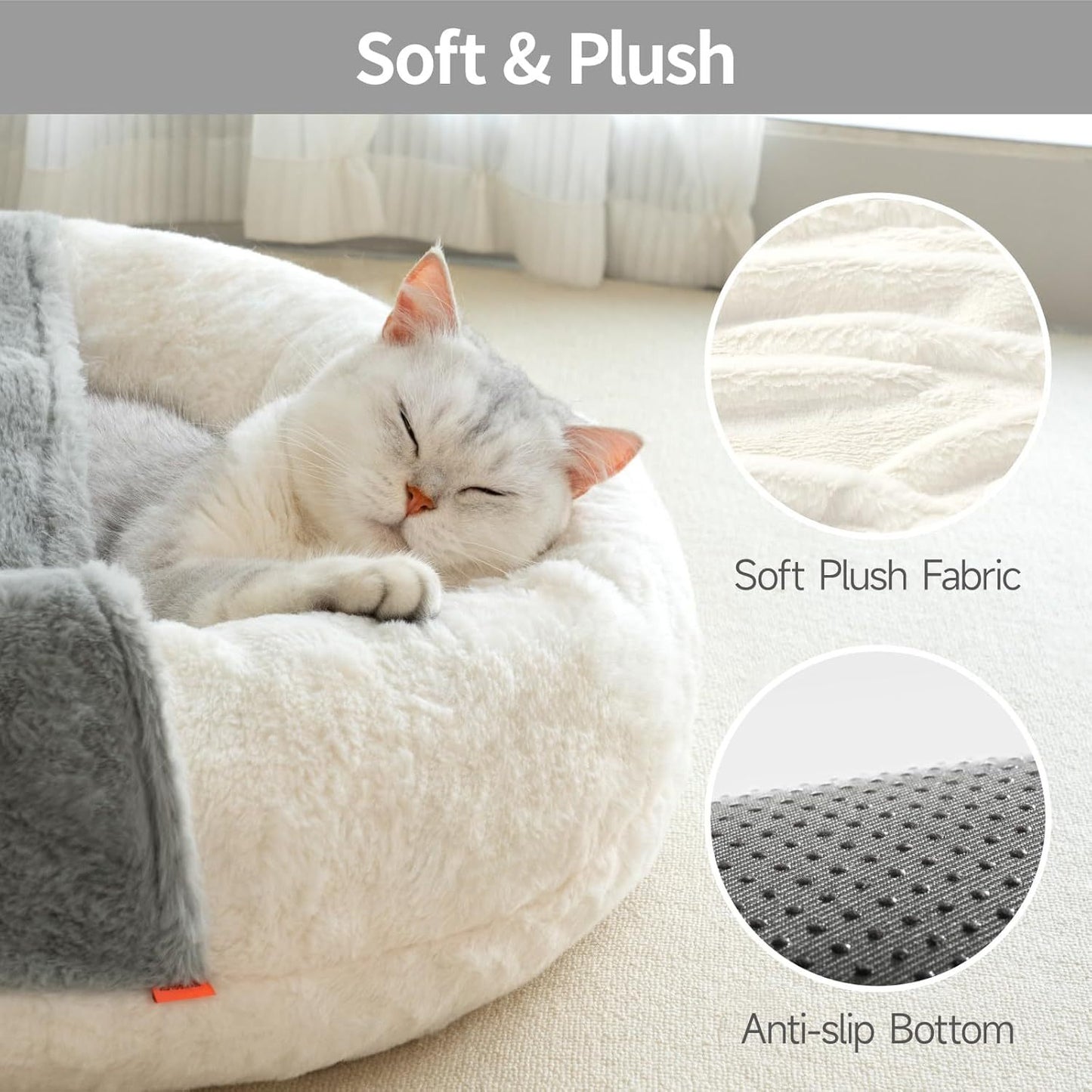 Cat sleeping on a soft plush pet bed with close-up details of fabric and bottom texture.