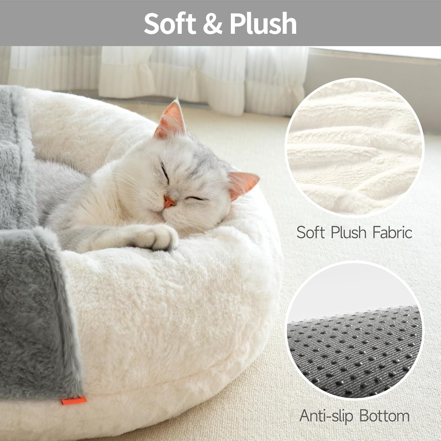 Cat sleeping on a soft plush pet bed with close-up details of fabric and bottom texture.